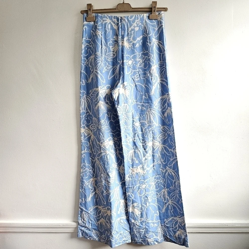 New Zara Full Length Floral Linen Blend High Waisted Blue/White Pants NWT Small